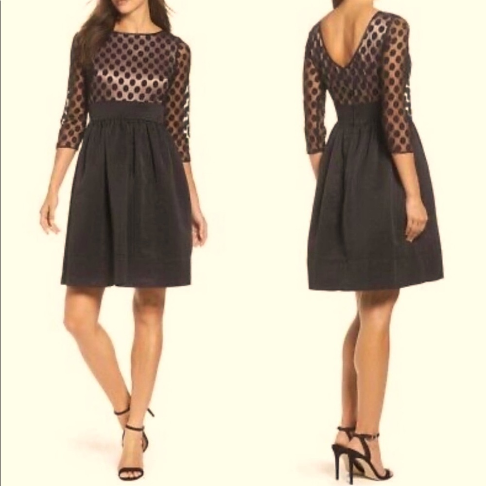 Eliza J polka Dot Mesh Bodice Fit & Flare Dress 6 Black